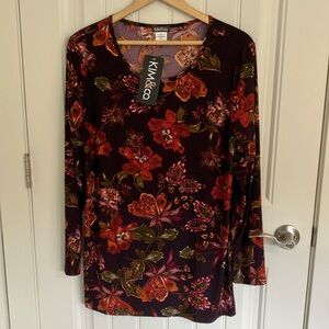 KIM & CO TUNIC TOP Long Sleeve Scoop Neck AUBERGINE Floral XL NEW